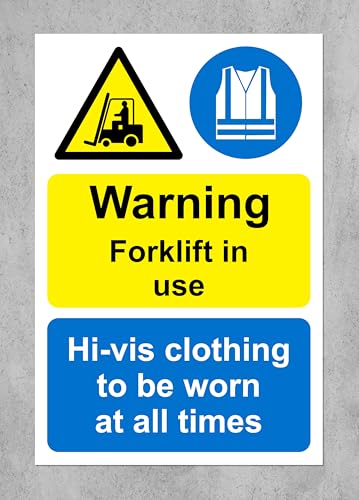 Warning forklift in use hi-vis clothing to be worn at all time safety sign - Self adhesive sticker (300mm x 200mm)