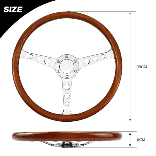 Acclcors Universal Racing/Golf Cart Holzlenkrad, 15 Zoll 6 bolzen Holzmaserung Racing Lenkrad, Klassisches Vintage Nostalgie Stil mit Hupentasten
