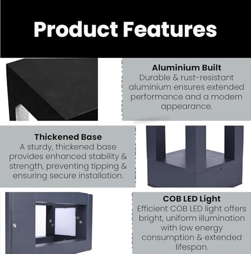 Image of GIGAWATTS SURANS PP Outdoor Gate Light - 12W Integrated Light 101% Rust & Waterproof Die-Casting Aluminium Pillar Lamp Base Mount Grey Exterior Fixture for Garden, Boundary & Home Entrance