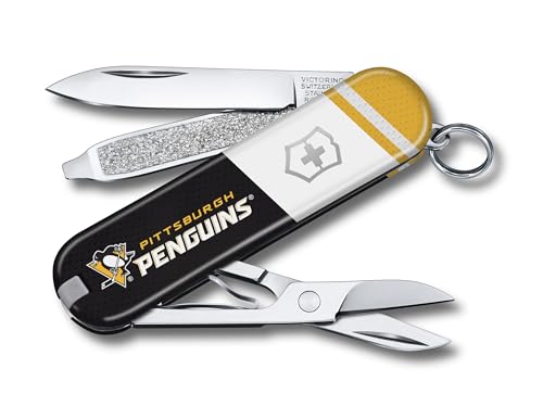 Victorinox Classic SD Swiss Army Knife – Compact 7 Function Swiss Made Pocket Knife with Small Blade, Screwdriver and Key Ring – Pittsburgh Penguins