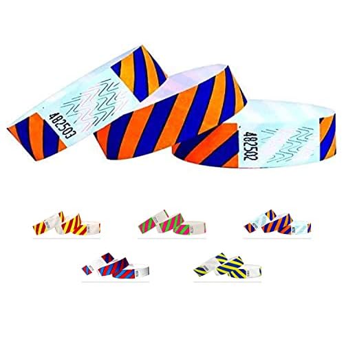 Tyvek Pulseras - A rayas - 500 unidades - Tyvek pulseras para eventos (Azul-Naranja, 500 Pack)