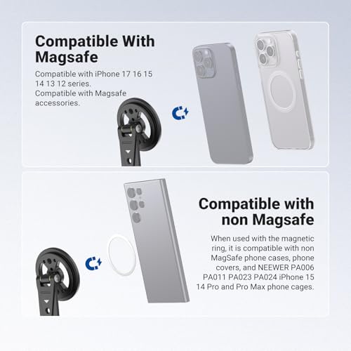 Image of NEEWER Magnetic Phone Tripod Mount Compatible with MagSafe iPhone Samsung, Metal Adjustable Rotatable Cellphone Holder Adapter w /Cold Shoe for Tripod Mounting Camera Monitoring Video Recording, DS031
