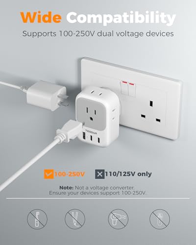 image for US to UK Plug Adapter 2 Pack, TESSAN Type G Adapter for Travel with 4 