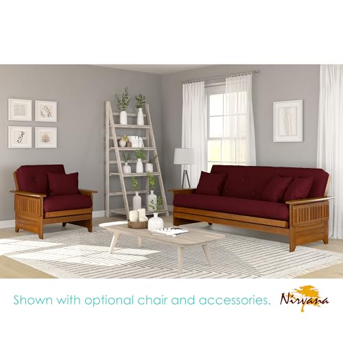 Nirvana Futons Brentwood Tray Arm Futon Frame, Drawers, and Burgundy Mattress Set - Queen, Rich Heritage Finish