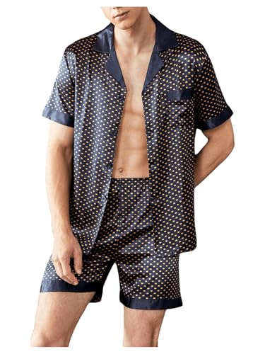 SHENHE Men's Satin Pajama Set Short Sleeve Sleepwear Button Down Silky Pjs Shorts Set Loungewear