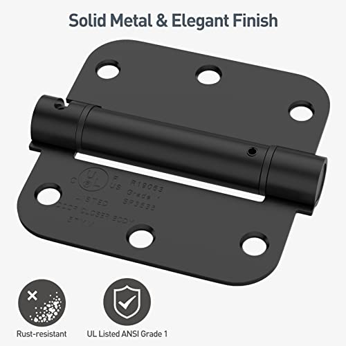 Hosom Self Closing Door Hinges 3.5 Inch, Spring Loaded Hinges, Adjustable Tension For Interior Door, Ul Listed, For Left And Right Hand Door, 5/8'' Radius Corners, Matte Black, 3 Pack #TOP3