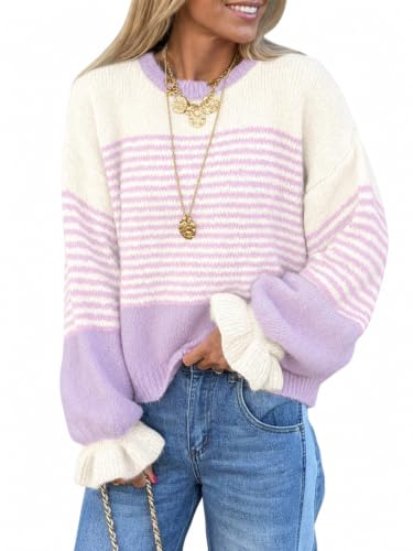 Saodimallsu Womens Color Block Striped Sweaters Ruffle Sleeve knit Pullover