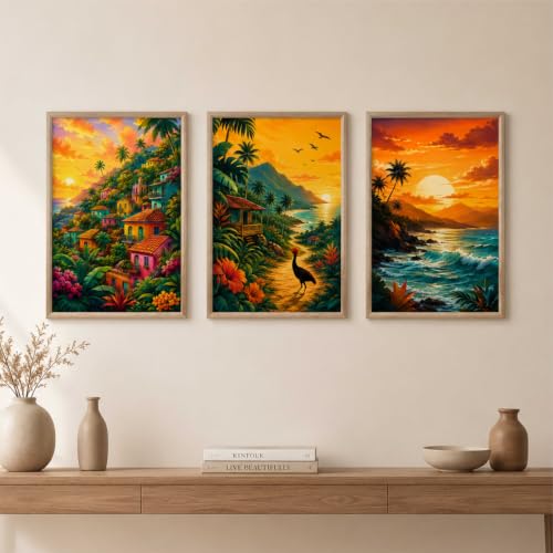 Image of Livin'luxe Set of 3 Tropical Sunset Landscape Wall Paintings for Living Room Dining Bedroom Home Decor with Premium Wooden Color Synthetic Frame (13.5 x 19.5 Inch) NM03-75