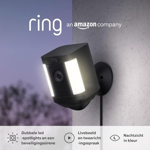 Ring Spotlight Cam Plus Plug-in par Amazon | Caméra surveillance extérieure wifi sur secteur, vidéo HD, audio bidirectionnel, projecteurs LED, facile à...