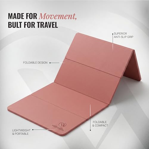 Image of WiseLife Foldable Travel Yoga Mat for Women & Men - Lightweight Portable Exercise Mat, Non-Slip Surface, Compact Folding Design for Yoga, Pilates, Stretching, Meditation & Home Workouts (Mauve)