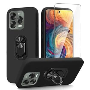 MIBZOR 3-in-1 Black Case Compatible with ZTE Blade V70 Vita (6.7"), Phone Case and 1 x Tempered Glass Screen Protector with 1 x Finger Ring Kickstand, Soft Silicone Flexible TPU Protective Cover