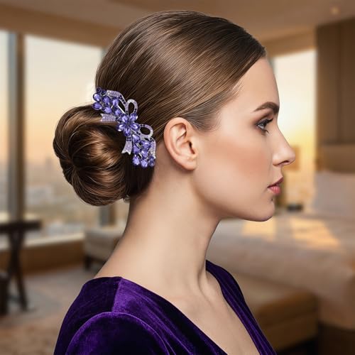 Fancy Flower Rhinestone Hair Clips, Accesorios para el cabello, pinza con cristal brillante para bodas y fiestas (Púrpura) miniatura 6