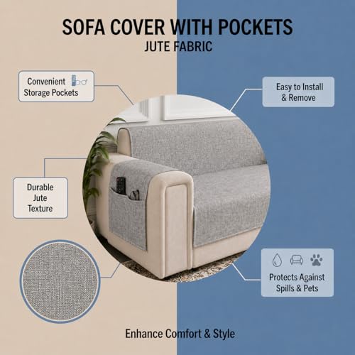 Image of STITCHNEST 'ComfyNest Series' 2 Seater Sofa Cover | Full Coverage with Armrest Pocket | Elegant Jute Fabric, Washable & Durable for Modern Living