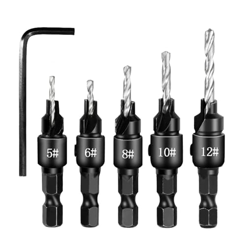 Lanstorm Countersink Drill Bit Set, 5 PCS Quick Change 1/4 inch Hex Shank Countersink Drill Bit, Adjustable Woodworking Countersink Drill Bit with One Hex Wrench, for Wood, Plastic, Composite Panels
