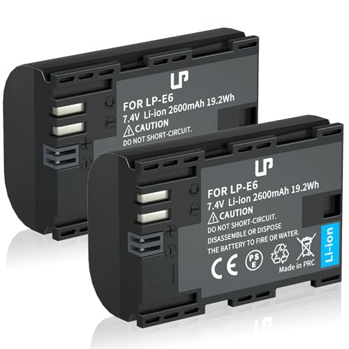 LP LP E6, LP E6N   Paquete de 2 baterías de repuesto de 2600 mAh para Canon EOS R6 R5 R 90D 80D 70D 60D 60DA 6D Mark II 5D Mark II/III/IV 5DS 5DS R 7D 7D Mark II XC15 XC10 BMPCC 4K/6K