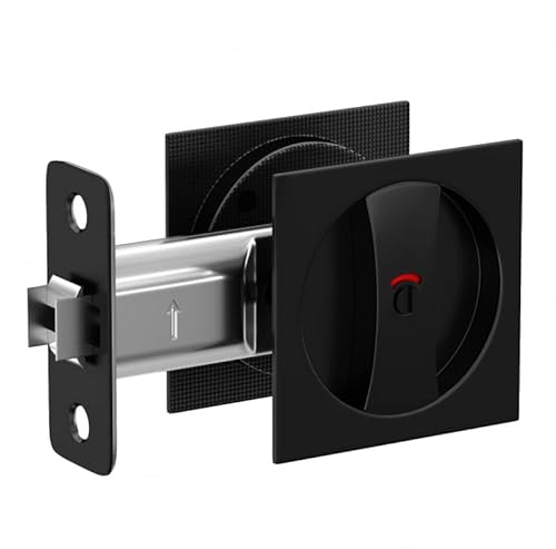 goldenwarm Bed/Bath Pocket Door Lock with Color Coded Indicators, Matte Black Contemporary Privacy Square Pocket Door Hardware(2-3/8" Backset), Black Flush Pocket Door Lock