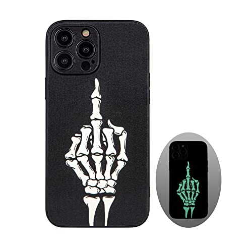 X spirit Skull Phone Case for iPhone 13 Pro, Middle Finger, Cool Skeleton Edgy Goth Gothic Emo Luminous Design, Rock n Roll Style, Glow in The Dark, Leather Finish (iPh 13 Pro-Middle Finger)