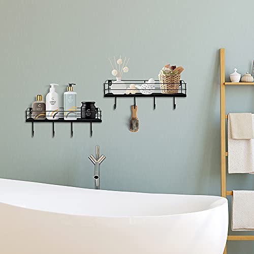 Lyeasw Metal Black Floating Shelves Wall Mounted With 8 Removable Hanging Hooks, 15-Inch Iron Shower Shelf Organizer For Bathroom Kitchen Storage Rack, Set Of 2 #TOP2