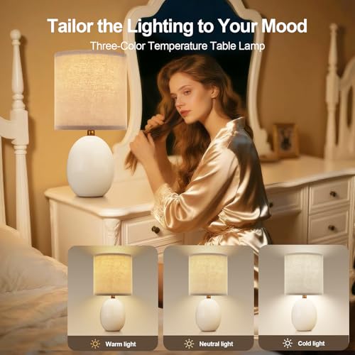 Image of Dawnwake 17.3 inch Table Lamp Set of 2 for Living Room Bedroom, Bedside Lamps for Night Stands, Desk Nightstand Lamp Dimmable, Modern Linen Cream Ceramic Lamps (White-B)