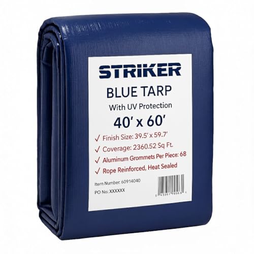 Striker All Purpose PE Cover with UV Protection Rust-Resistant Grommets and Rope-Reinforced Edges (Blue 40 x 60)