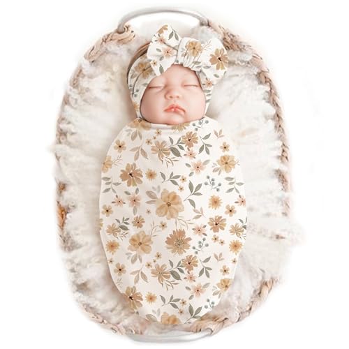 Image of Konssy Baby Girl Newborn Receiving Blanket with Headband Set Baby Swaddle Nursery Swaddle Wrap