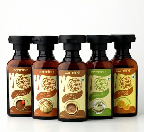 Image of Carmine Zero Sugar Syrups - Combo of 5 Syrups (Pistachio, Orange, Filter coffee, Caramel and Chocolate), 60 g each