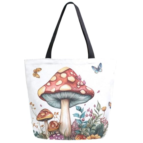 ZzWwR Fashion Extra Large Shoulder Tote Bag, Retro Mushroom Butterfly Art Design Canvas Durable Daily Weekender Handle Bag Ideal for Gym Picnic Yoga Beach Travel Kitchen Market Grocery Shopping