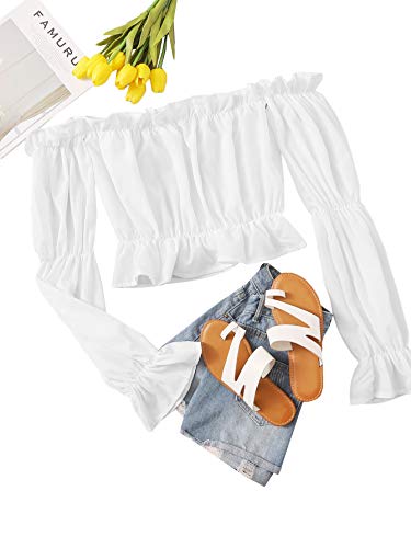 SheIn Women's Off Shoulder Crop Blouse Top Long Flounce Sleeve Frill Bardot Peplum Shirt White Large
