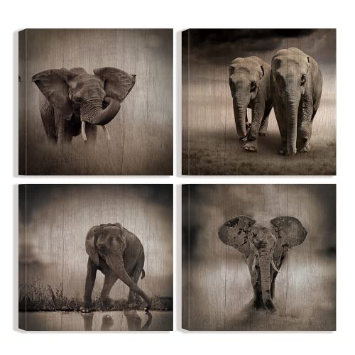 Elephant Wall Art Animals Canvas Painting African Elephant Décor 4 Pieces Framed Abstract Vintage Animal Print Pictures Contemporary Artwork For Home Living Room Bedroom Décor 12”X12” #TOP28