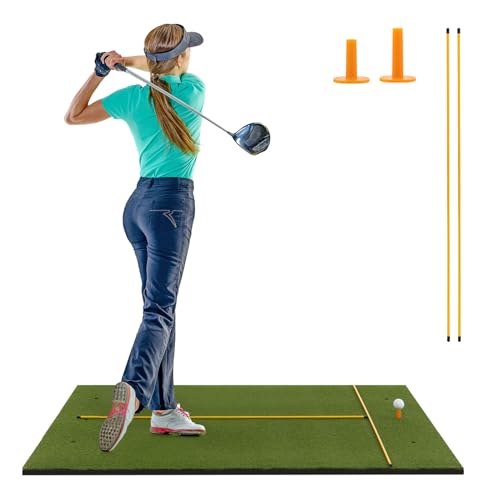 Goplus Golf Mat, 5x3ft/5x4ft Golf Hitting Mat 20/25/27/32mm Thick w/2 Alignment Sticks & 2 Golf Tees, Portable Artificial Turf Grass Training Mat Practice for Indoor Outdoor(5 FT x 3 FT, 20mm)