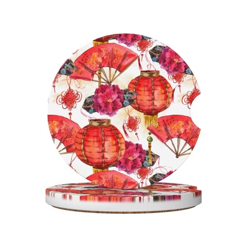 Ventaglio cinese, confezione da 2 sottobicchieri assorbenti in ceramica per auto, sottobicchieri antiscivolo per auto, accessori per portabicchieri per auto con t