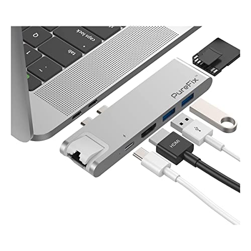 PureFix USB C Hub Adapter, 7-in-2 Extension with Gigabit Ethernet, 4K HDMI, Type- C 100W PD & 40Gbps, 2 USB-A 3.0, SD & MicroSD/TF Card Reader for 2016-2020 MacBook Pro 13' 15' 16' & 2020 MacBook Air