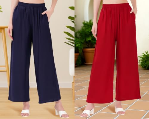 Image of Buy That Trendz Palazzo Pants for Women Rayon Elasticated Regular Fit Flared Wide Leg M to 6XL Pack of 2