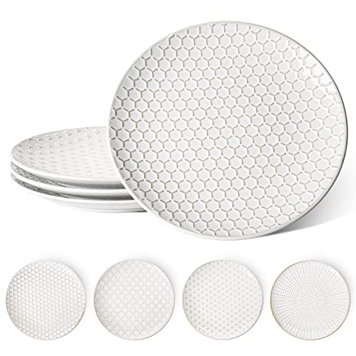 LE TAUCI Talerze obiadowe, talerze ceramiczne 25 cm, wytłaczana kamionka, okrągłe talerze sałatkowe, porcelanowy zestaw naczyń, naczynia do serwowania na Święto Dziękczynienia i Boże Narodzenie, zestaw 4 sztuk, arktyczna biel