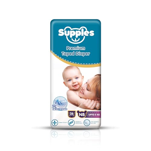 Amazon Brand - Supples Premium Newborn Taped Diapers | Derma Tested, Extra Soft, High Absorbency with Wetness Indicator & Umbilical Cut Design, 12 Hrs Absorption | NB/XS | Up to 5 kg | 36 Count