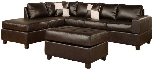 Bobkona Soft-Touch Reversible Bonded Leather Match 3-Piece Sectional Sofa Set, Espresso, F7351