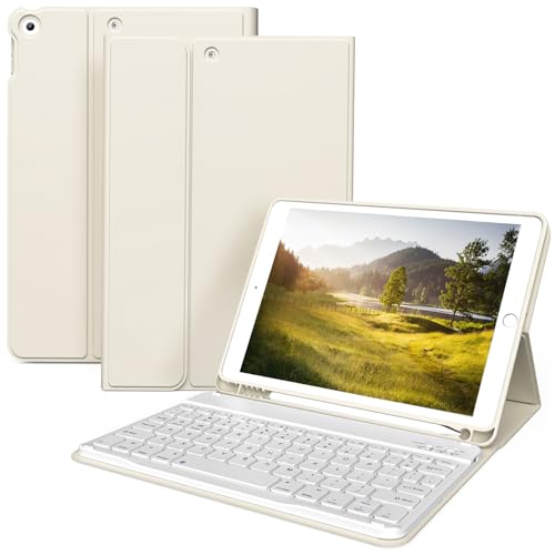 kenke Keyboard Case for iPad 10.2' 9th Generation 2021/ 8th Gen 2020 / 7th 2019 Detachable Wireless Bluetooth Keyboard Cover Thin & Light with Left Side Pencil Holder Auto Wake/Sleep (Cream)