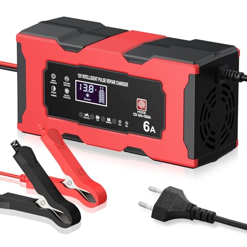 EYPINS Cargador de batería de plomo ácido de 12 V 6 A, cargador de batería de coche de alta seguridad con pantalla LCD, cargador inteligente para camiones, SUV, baterías de motocicletas