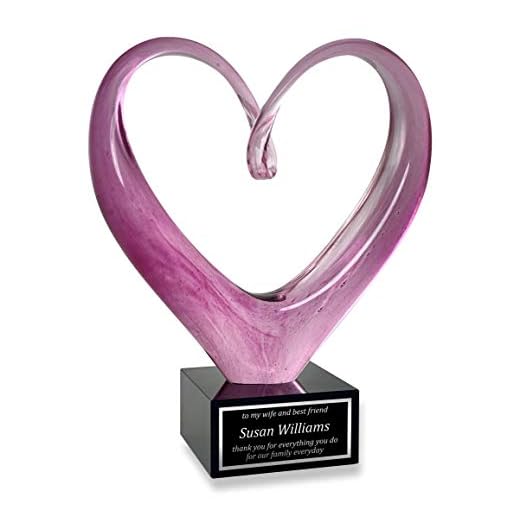 Award for Wife - Pink Heart Shaped Art Glass - Customized Trophy for Wife of The Year, Mom or Girlfriend - Personalized Gifts for Women - 9 Inches Tall