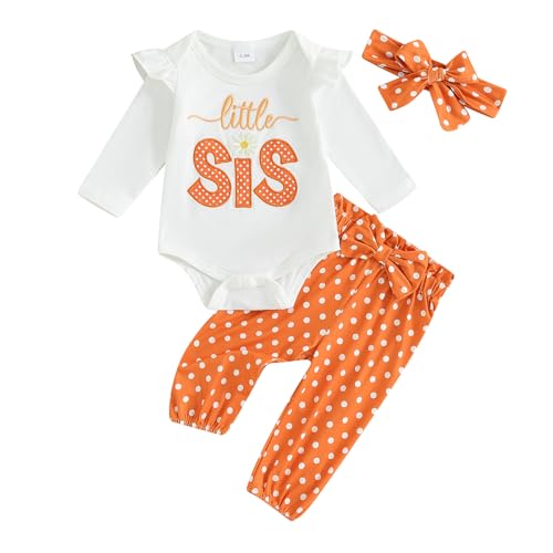 Image of Madjtlqy Baby Girl Big Little Sister Newborn Outfit Letter Print Long Sleeve Romper + Pants + Headband Fall Winter Clothes