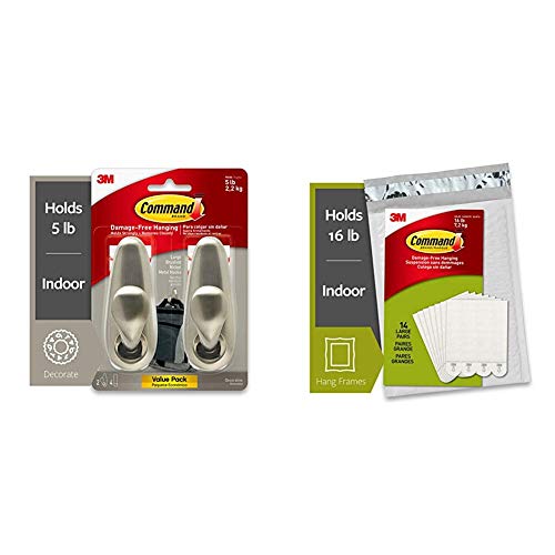 Command Hook, Indoor Use (FC13-BN-2ES) & Picture Hanging Strips, Large, White, 14-Pairs