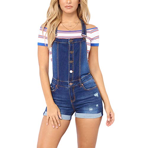 Weigou Women Denim Shorts Rolled Cuffs Adjustable Strap Front Button Ripped Junior Bib Jeans Overall Shorts (Dark Blue, XL)