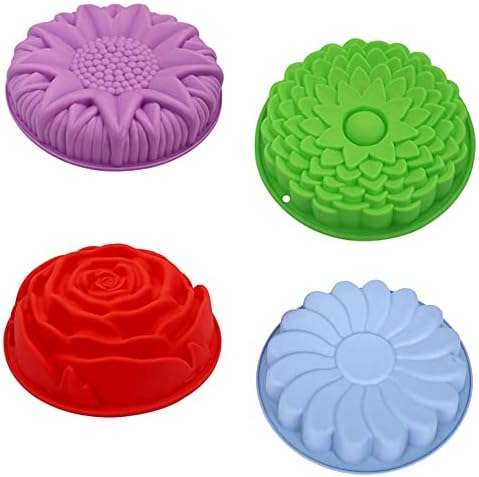 4 Pack Flower Shape Silicone Cake Mold, Non-Stick Large Flower Baking Trays Sunflower Chrysanthemum Rose Whirlwind Pattern Bread Pie Flan Tart Mold Silicone Baking Molds Pan for Holiday Birthday Party