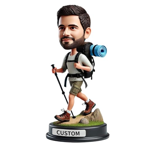 Caminhante masculino bobblehead com mochila, mastro de trekking, decoração ao ar livre personalizada para mochileiros, exploradores de trilha e aventureiros, presente resistente para pais, irmãos e