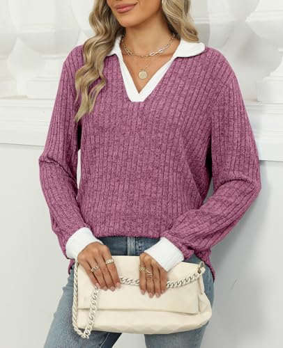 Women's V Neck Sweaters Pullover Color Block Collar Long Sleeves Loose Fit Casaul Lightweight Polo Tunic Tops Shirts4