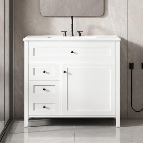 Image of 36 inch Bathroom Vanities with Top Set, Cabinet with Multi-Functional Tip-Out Drawer and Adjustable Shelf, Soft-Closing Door, Solid Wood Legs, White