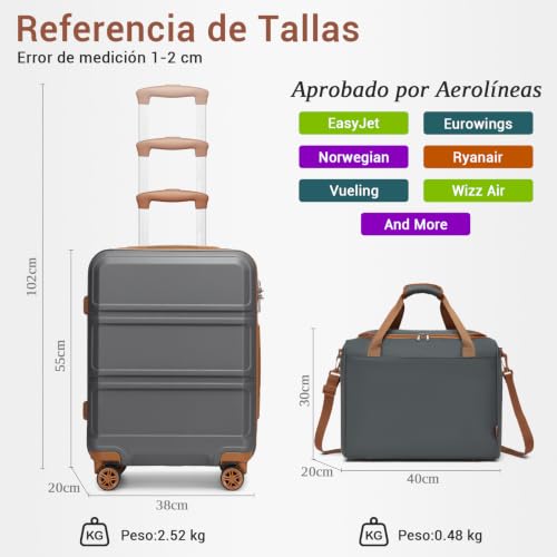 Miniatura 2 de Kono Juego De Maletas De Viaje De 2 Piezas Ligeras 52x38x21cm Abs Carcasa Dura Equipaje De Mano Con Cerradura Tsa Maleta De Cabina Ryanair 40x20x25cm Gris Marrón