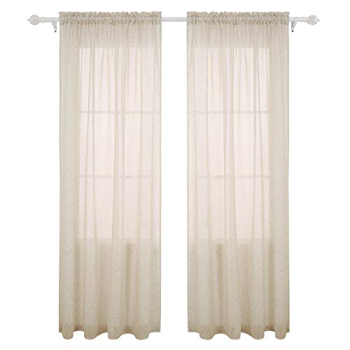 Deconovo Curtains Rod Pocket Drapes Circle Printed Sheer for Kitchen, 42x84, Beige