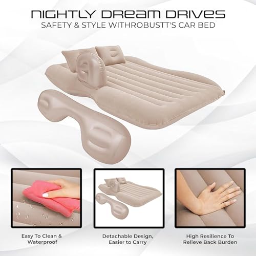 Image of amazon basics Inflatable Car Bed for Back Seat | Portable Travel Mattress with Air Pump and Pillows | Suitable for Kids Road Trips Camping and Outdoor Use | Beige