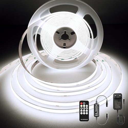 BERIXDEEP Ruban LED COB 3m, 6000K Bande Lumineuse Dimmable avec Telecommande et Alimentation, DC24V, CRI92, Largeur 8mm, Ruban LED Blanc Froid pour Décoration de Chambre